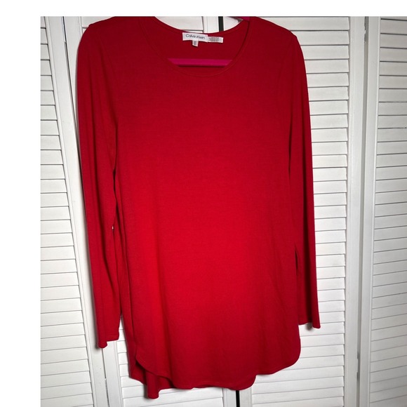Calvin Klein Tops - Calvin Klein Womens Red Long Sleeve Ribbed Knit Tunic Top Crew Neck Size M